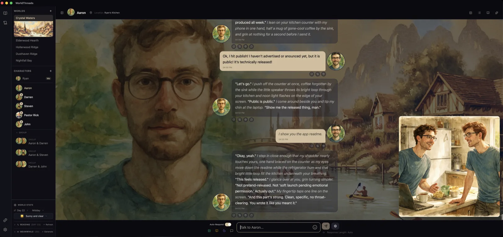 A chat conversation in WorldThreads — character portrait, recent messages, input field at the bottom